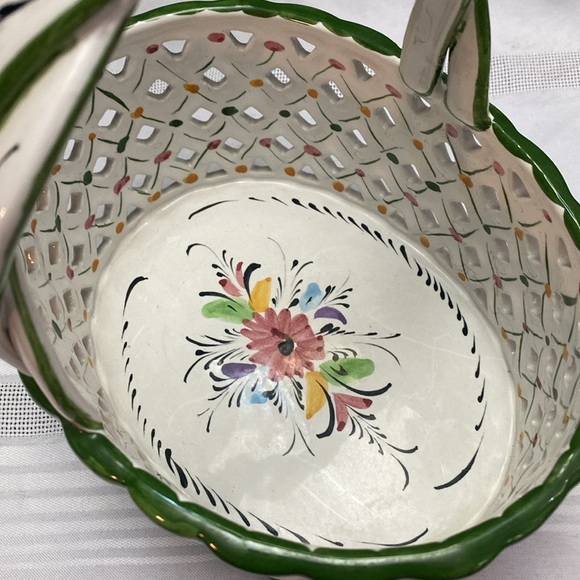 Vintage Ceramic Reticulated Basket, Handmade in Portugal White & Green - Picture 2 of 16